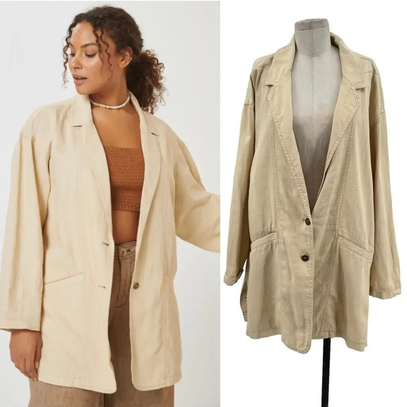 Anthropologie Jackets & Blazers - Anthropologie Pilcro Summer Blazer Jacket‎ Linen Cotton Taupe Tan Cream Size XL
